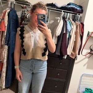 SHEIN V-Neck Sweater Tan and Black with Pom-Pom Trim